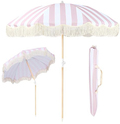 Sljovexity Parasol Vintage À Franges 2m, Parasol De Plage Compact Protection Solaire UPF 50+, Parasol De Terrasse Exterieur Pliable, Parasol De Balcon Inclinable Ronde, Parasol De Jardin sans Base