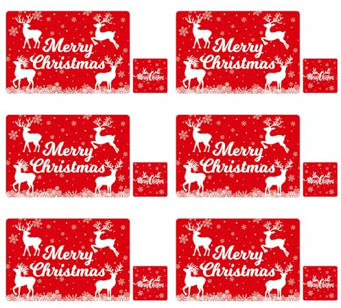 12pcs Weihnachten PVC Tischsets Untersetzer Set, Waschbar Rentier Weihnachts Hitzebeständige Tischsets, Rote Rechteckige Weihnachts Tischset für Esstisch Dekoration Weihnachtspartys, 42 × 28cm