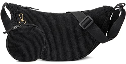 KESUDE Moon Bag Cord Umhängetasche Damen Klein - Tasche Damen Klein Crossbody Bag Cord Schultertasche Brusttasche mit verstellbarem Gurt, Stylische Halbmond Bag Set Bauchtaschen Damen,Schwarz