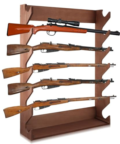 DoubleFill Gun Rack Storage Wooden Gun Rack Display Stand Wall Mount Indoor Holder for up to 7 Rifles or Shotguns Heavy Duty Wall Storage Display Rifle(Walnut Color)