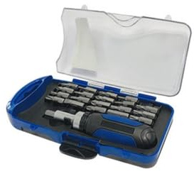 Kit destornillador 21 piezas con variedad de puntas, mango ergonómico y estuche, ideal para reparaciones en el hogar y proyectos de bricolaje.