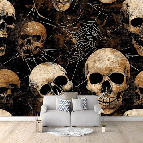 Fototapete Schlafzimmer Retro-Totenkopf-Spinnennetz 300x210 cm 3D Druck Vliestapete, Wandtapete Wandbilder, für Wohnzimmer, Kinderzimmer, TV Hintergrund Vlies Tapete