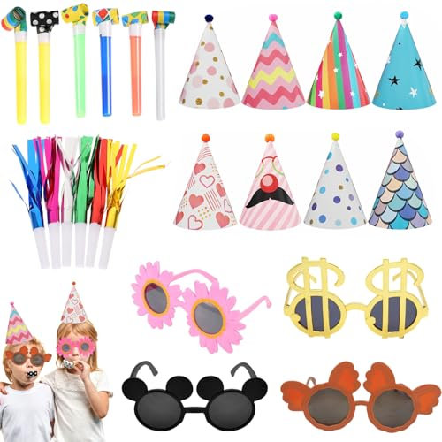 PMELCXD Forniture per Feste per Piccoli - Kit di Compleanno Festa di Carnevale con Festoni, Cappellini e Corona da Compleanno, Cappellini di Capodanno - Set per Feste con Trombette