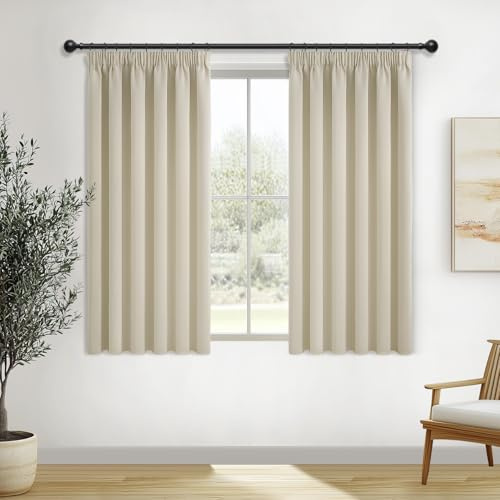 MRTREES Gardinen mit Kräuselband Vorhang Blickdicht Beige kurz verdunkelung 137X168cm (HXB) Schlaufenschals 2er Set Schienensystem für Wohnzimmer Schlafzimmer Mädchen Jugend Curtains