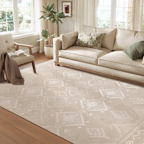 SONGMICS HOME Alfombra, 200 x 290 cm, Alfombra Antideslizante, Decoración del Hogar, para Salón, Dormitorio, Lavable a Máquina, Estilo Moderno, Beige Capuchino TAR214L01