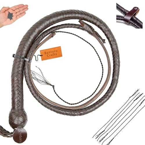 Bantoro Crafts Fouet Serpent Brun avec Plomb, chargé/crépitement Fort, Fouet en Cuir, 16 Tresses tressées, 3 Pieds/0,90 mètre, Acier Inoxydable