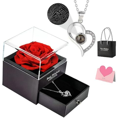 Litesort Preserved Real Rose, Box with I Love You Necklace In 100 Languages, Real Rose Flower Gifts for Her Woman Girlfriend Mother on Birthday, Anniversary, Valentines Day, Mothers Day