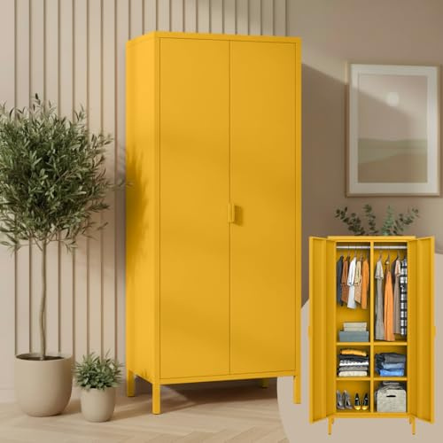 skølm Ituri Metallschrank, Kleiderschrank 80 cm breit, Senfgelb, 6 Fächer | 2 Kleiderstangen, Garderobenschrank, Schlafzimmerschrank im Industrial Style, Stahlschrank für Wohnzimmer & Büro, Flurschrank