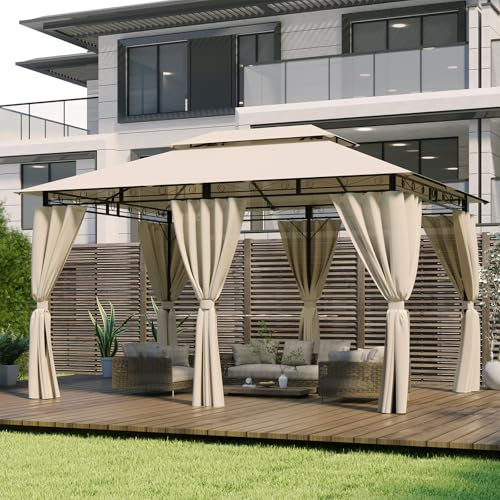 Devoko Tonnelle de Jardin 3x4m,Imperméable Deluxe Tonnelle,Tonnelle de Jardin Exterieur,Tonnelles à Cadre Métallique,Pergola Jardins Exterieur pour 6-8 Personnes,Beige