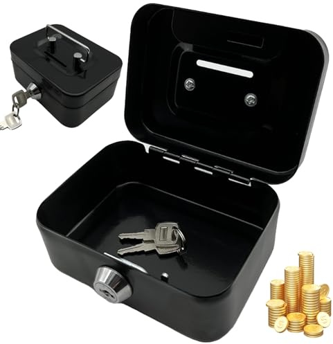 Cash Boxes with Keys, 4.5 Inch Iron Lockable Money Box with Coin Slot, Safe and Sturdy Petty Cash Tin Coin Bank with 2 Keys Gifts for Kids Adults Black Cash Tin Lockable Money Box Cash Boxes with Keys