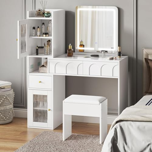 joolihome living Dressing Table with Mirror and Stool, Vanity Mirror with 3 Adjustable LED Lights, Modern Makeup Desk with 3 Drawers and 2 Large Storage Cabinets, White