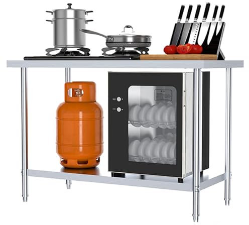 GXXINGIN Multifunktionaler Zubereitungstisch für die Küche, Arbeitstisch aus verdicktem Edelstahl, Restaurant-Schneidetisch, Kochfeldregal, Stabiler Metalltisch, offenes Lagerregal mit verstellbaren