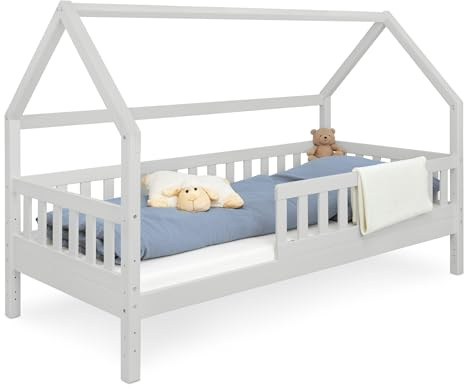 Ehrenkind® Hausbett Lille | Kinderbett mit abnehmbaren Rausfallschutz aus Massivholz FSC® zertifziert | Hausbett 90x200 | Kinderbett 90x200 Grau