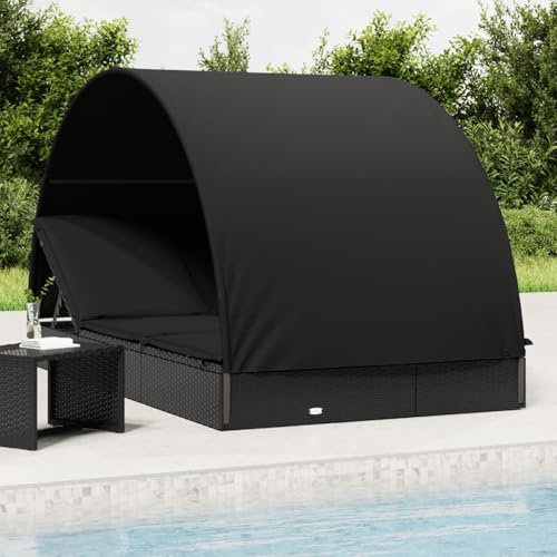 IKAYAA Doppelliege Outdoor 2 Personen Doppel Gartenliege mit Sonnendach Rattan Sonnenliege Sonnenbett Loungebett Gartenbett mit Auflage Liege Outdoor Rattanliege Liegestuhl Garten Schwarz