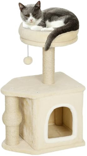 PawHut Rascador para Gatos Altura 66 cm Árbol para Gatos Torre de Escalada con Cama Cueva Plataforma Bola Colgante y Poste de Yute Beige