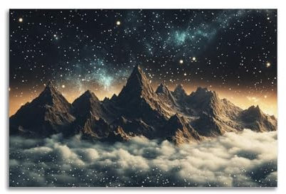 XHBKJA Atemberaubender Stern – gefüllter Himmel über majestätischen Berggipfeln, schwebt auf Wolken, Poster, Leinwand, Wandkunst, minimalistisch, modern, Wandbild, dekoratives Gemälde, hängendes