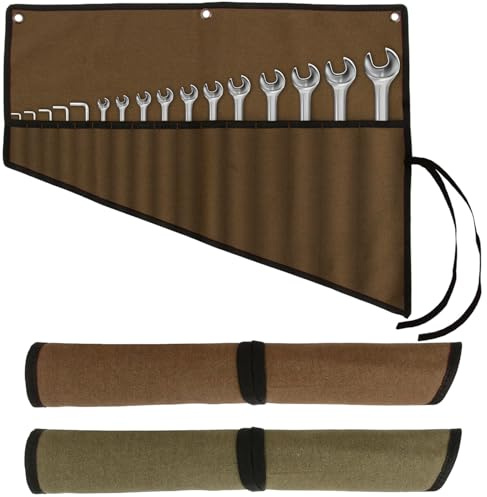 HDFGB 2 Pack Waxed Canvas Tool Roll Bags,Heavy Duty Spanner Chisel Organiser Waterproof Tool Up Bag with 16 Pockets,Multi-Purpose Tool Wrap Bag for Plumbers Craftsmen and Electricians