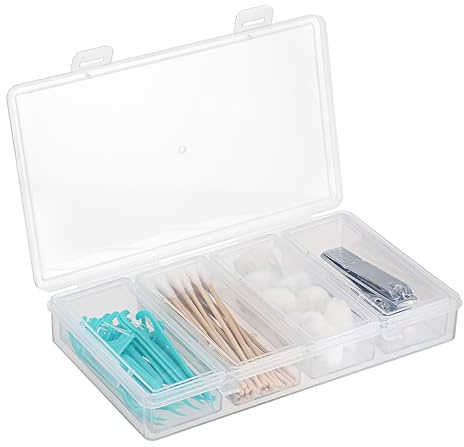 Hipiwe Kunststoff-Wattestäbchen-Halter für Reisen, 4-in-1, kompakter Reinigungs-Organizer für Haarseide, Büroklammer, transparent, Zahnseide, Stäbchen, Etui mit Deckel, kleiner Reisebehälter