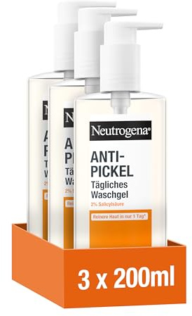 Neutrogena Anti-Pickel Tägliches Waschgel (3x200 ml), sanftes Anti Pickel Gel mit 2% Salicylsäure(BHA), porentiefe Gesichtsreinigung, entfernt überschüssiges Öl & Unreinheiten