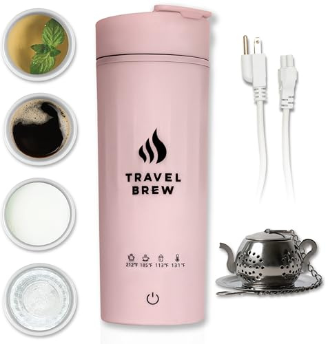 TRAVEL BREW Portable Travel Kettle with Tea Infuser- Mini Electric Kettle with 4 Temperature Settings, with Auto Shut-Off & Boil Dry Protection (Pink)
