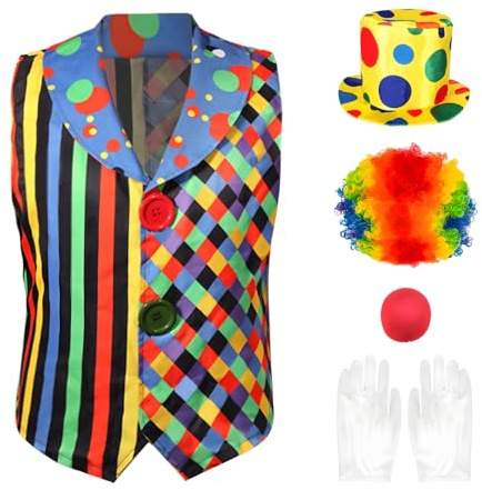 Mprocen 6 Stück Halloween Clown Kostüm für Erwachsene,Joker Kostüm Set Weste Hut Perücke Handschuhe für Halloween Karneval Mottoparty