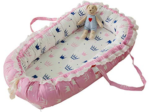DorkasDE Babynest Kuschelnest Faltbett tragbar Babybett Reisebett (Rosa Krone, one Size)