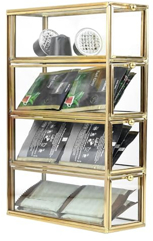 HighFree Gold Glass Box with 4 Drawers - Clear Storage Glass Box for K-Cups, Tea Bags, Sugar Packets - Counter Top Collection Display Holder for Home, Office