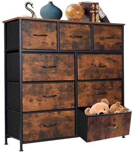 EVGTTI Kommode mit 9 Schubladen Stoff, Industrial, Vintagebraun + Schwarz | Stabile Aufbewahrungskommode mit 9 Stoffschubladen und Metallrahmen . Ideal für Schlafzimmer , Flur und Wohnzimmer .