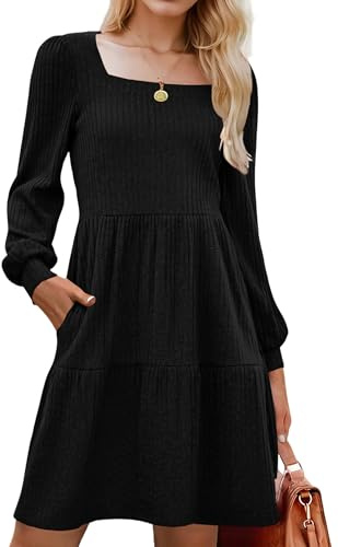 Zeagoo - Vestido de mujer de manga larga, línea A, con mangas abullonadas, elegante, de punto, hasta la rodilla, con bolsillos, para otoño e invierno, S-XXL, Negro , M