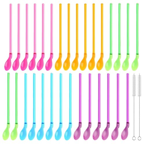 Slush Strohhalme mit Löffel 30 Stück, Spoon Straws mit 2 Bürsten | Wiederverwendbare 2-in-1 Trinkhalme mit Löffel und 2 Reinigungsbürsten für Slush Eis, Smoothies, Milchshakes und Cocktails.