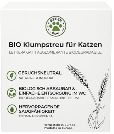 Green Paw Klumpstreu – pflanzliche Katzenstreu unparfümiert, sehr saugfähig mit Fast Klumpenbildung - Staubfrei und sanft zu Allergikern - TÜV-Zertifiziert