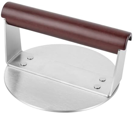 Presse à hamburger ronde en acier inoxydable de 16cm, presse à hamburger écrasée lourde, avec poignée en bois résistante à la chaleur, pour barbecue, cuisson à dessus plat, bacon, hamburger, steak
