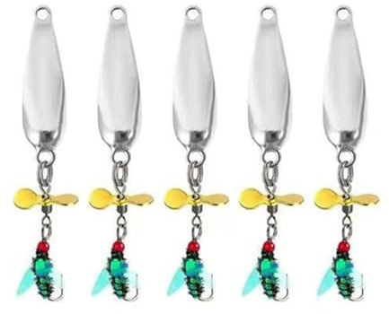 Juego de 5 cebos de pesca con mosca de metal, cuchara giratoria con lentejuelas con hélices, señuelos de mosca, aparejos de pesca