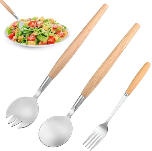 xianzhanEU Lot de 3 couverts à salade en acier inoxydable avec manche en bois, cuillère à salade, fourchette à salade, couverts à salade en bois, pour cuisine, salle à manger