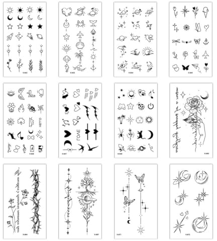 FHRYNA 12 Feuilles Tatouage Temporaire Autocollant Faux Tatouage Imperméables, Tattoo Temporaire pour Femme Homme pour Visage Corps Main