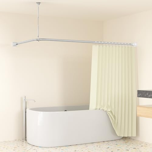 Misounda Asta per tenda doccia a forma di L - Senza foratura - Supporto angolare - 85 x 175 cm - Per tenda doccia e vasca da bagno - Binario in acciaio inossidabile 304 - Con 12 anelli