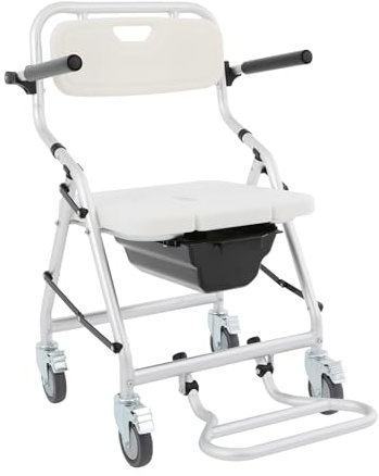 Faltbarer Toilettenstuhl mit Rädern und Eimer, Duschstuhl, Mobiler Klappstuhl aus Aluminiumlegierung in Silber und Weiß für Senioren, Behinderte