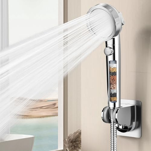 KAIYING Wassersparender Duschkopf mit Filter Gegen Kalk für Hartes Wasser, 3+1 Sprühmodi Duschbrause mit Schlauch und Halterung, Hochdruck Handbrause Dusche mit Ein-/Aus-Schalter (Chrome)