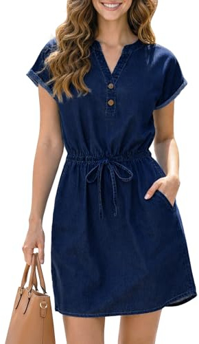 Fengbay Denim Dresses for Women V Neck with Adjustable Drawstring Waist | Short Sleeve Summer Casual Shirt Jeans Dress,Side Pockets,Soft Stretch Cotton Denim,Versatile For Daily & Weekend Outings