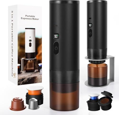 Nsyee 3-in-1 Portable Espresso Maker, Self-Heating Coffee Machine | LED Display, Travel Coffee Maker for Camping, Car & RV, Works with Coffee Powder and Nespresso Capsules, Black