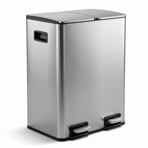 Pattumiera Differenziata 48L in Acciaio Inox, Cestino Spazzatura Cucina a Pedale con 2 Scomparti 24L+24L, Coperchi Soft Close e Apertura 90°, Secchio Anti Impronta, Bidoni Raccolta Differenziata