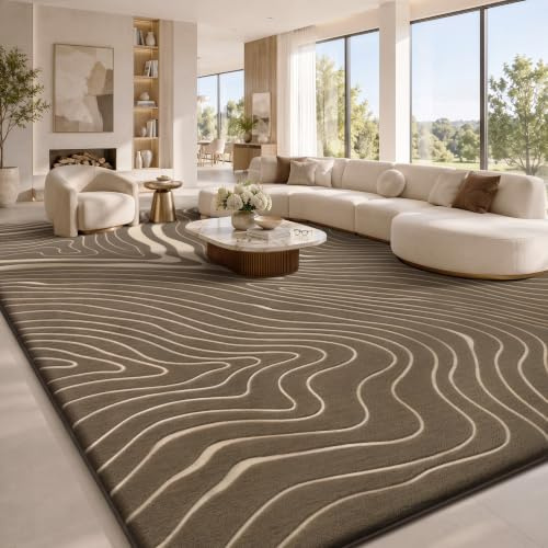 Sour Lemon Rugs Living Room 160x230cm, Brown and Cream Area Rug for Bedroom | 3D Geometric Modern Extra Large Rug, Wavy Pattern Washable Soft Shaggy Non Shedding Short Pile Carpet Mat for Kids Room