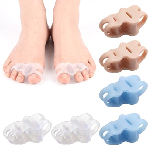 6 stycken tåseparator Hallux Valgus, tåseparator silikon med skumdyna | Mjuk tåseparator silikon, halkfri, tvättbar, för vardagen, skor, konfirmationskorrigering (blå, transparent, hudfärg)