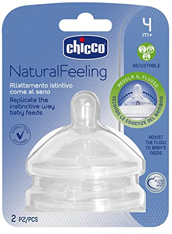 Chicco Set di 2 Tettarelle, Compatibili con Biberon Natural Feeling, 4 Mesi+, Flusso Regolabile, Tettarella Simil-seno, Per Allattamento Misto, In Silicone Soft Sense, Trasparente