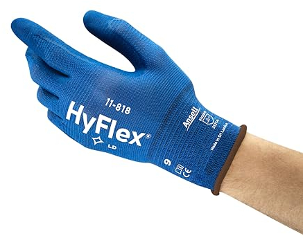 Ansell HyFlex 11-818 Professional Work Gloves, Mechanical Gloves with Improved Grip, Patented Comfort Technology, Multi-Purpose Gloves, Assembly, Mechanics, Blue, Size M (12 Pairs)