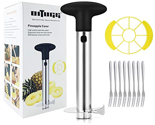 OITUGG Pelador de Piña: [3-en-1] Inoxidable Acero Cortador de Piña para Pelar y Rebanar y Quitar el Corazón de Piña - con 1 pcs Cuña de Piña & 8 pcs Frutas Tenedores - Include Garantía Un Año (negro)