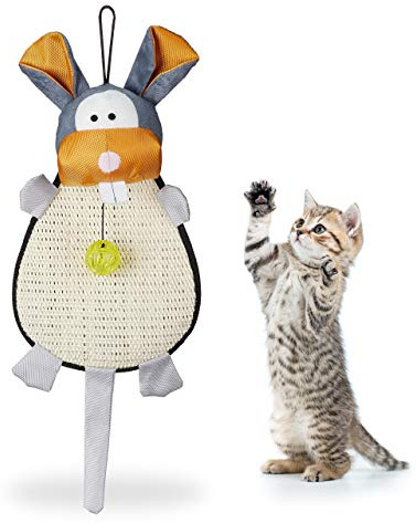 Relaxdays Kratzmatte Katze, Kratzteppich mit Spielzeug, Kugel mit Glöckchen, für die Wand, Sisal, HBT 55x22x10 cm, bunt