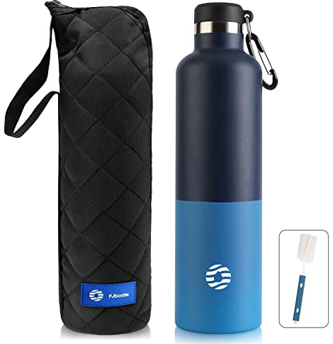 FEIJIAN Edelstahl Trinkflasche 1L mit Karabiner für Kohlensäure BPA-frei | 24 Std. kalt, mit Tragetasche und Flaschenbürste – spülmaschinengeeignet für Uni, Camping und Outdoor.