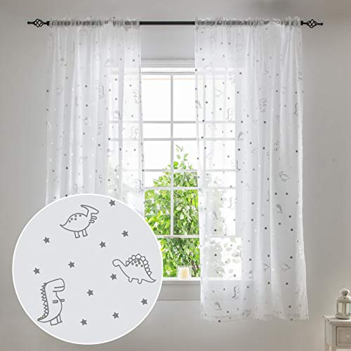 Durchscheinende Dinosaurier-Vorhänge im Silberfoliendruck, für Jungen, Mädchen, Kinderzimmer, mit Stangentasche, Tier-Design, für Wohnzimmer, Schlafzimmer, Dekoration, 2 Paneele, Weiß, 132 x 160 cm