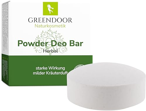 GREENDOOR Powder Deo Bar herbal 60g, festes Deo Stück Stick vegan mit Bio Babassu, Natur Deodorant ohne Plastik/Aluminium, natürlicher Kräuter-Duft unisex für Damen + Herren